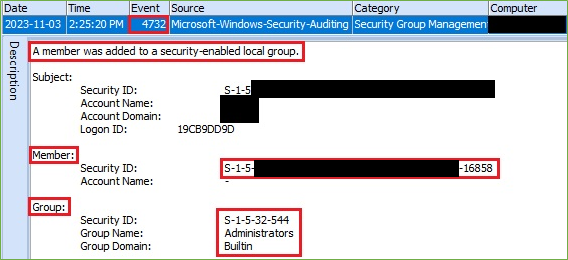 Account added to local Administrators group